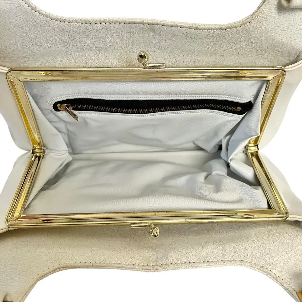 Vintage Ivory White Leather Criss-Cross Accent Frame Handbag Satchel